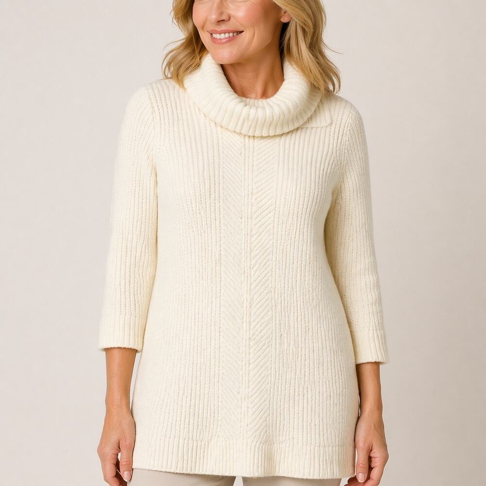 Liz Claiborne Chenille Turtleneck Tunic Sweater Small Ivory Minimalist NEW